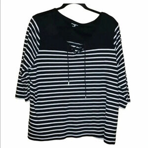 Studio Works 2X Plus-size‎ cotton Black + white striped top